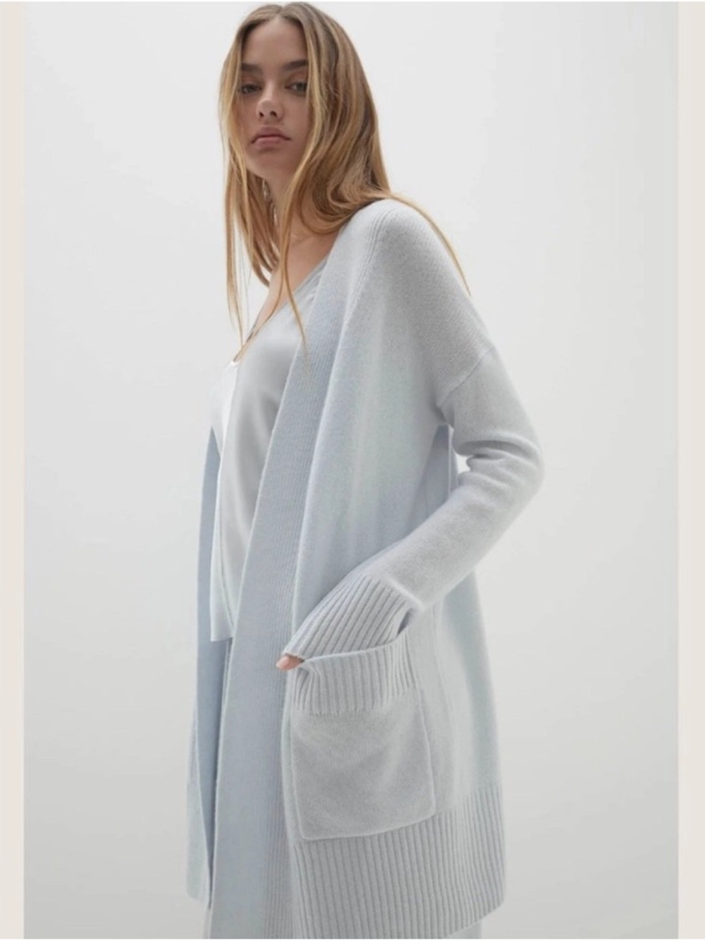 NakedCashmere Tony Pale Blue Open-Front Long Cardigan